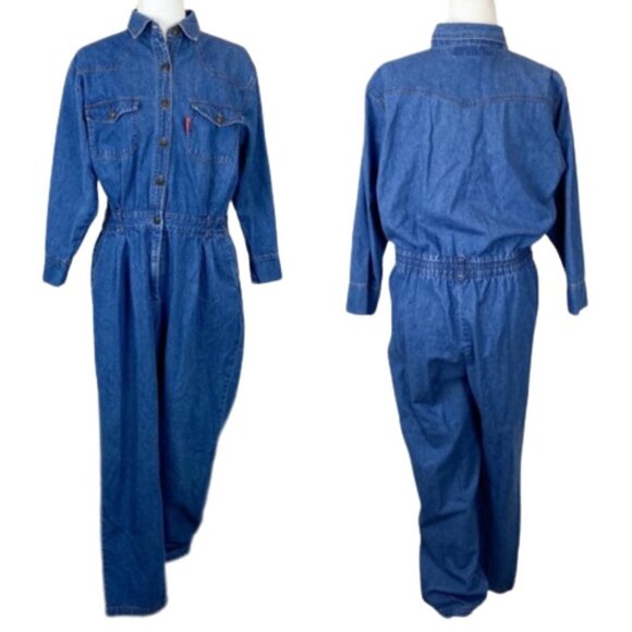 Gloria Vanderbilt Denim Retro Vintage Jumpsuit Party Dark Wash Jeans Pants L - Picture 1 of 17
